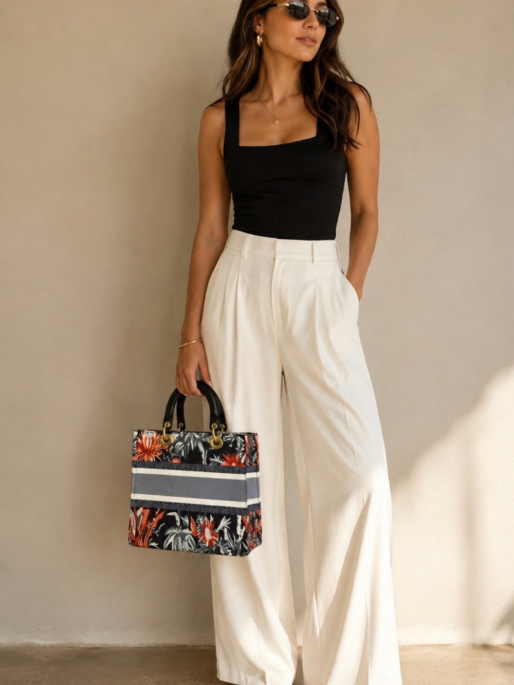 Black Floral with Black Leather Handles